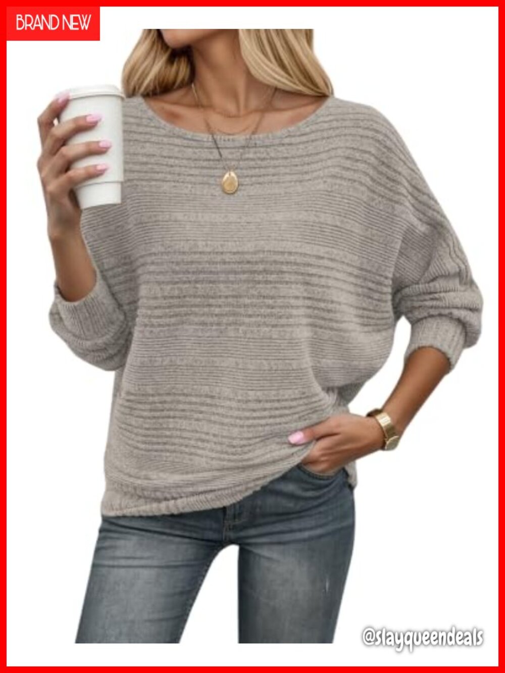Ribbed Knit Long Sleeve Boat Neck Batwing Tunic Oversized Fall Top